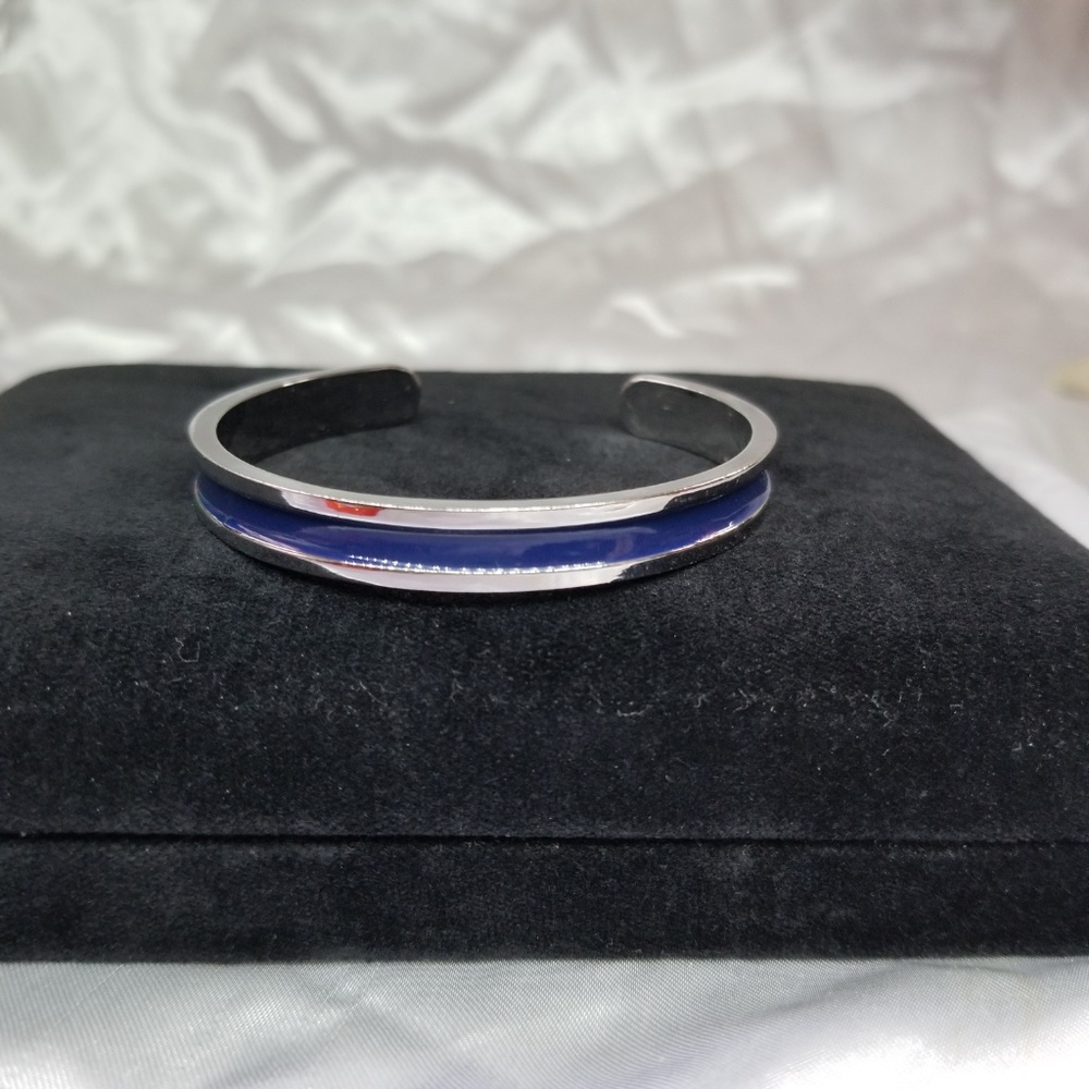 Concave Silver tone  and Blue Enamel Cuff Bracelet
